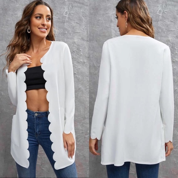 Collarless scalloped hem long line blazer jacket with pockets burgundy - Picture 2 of 6